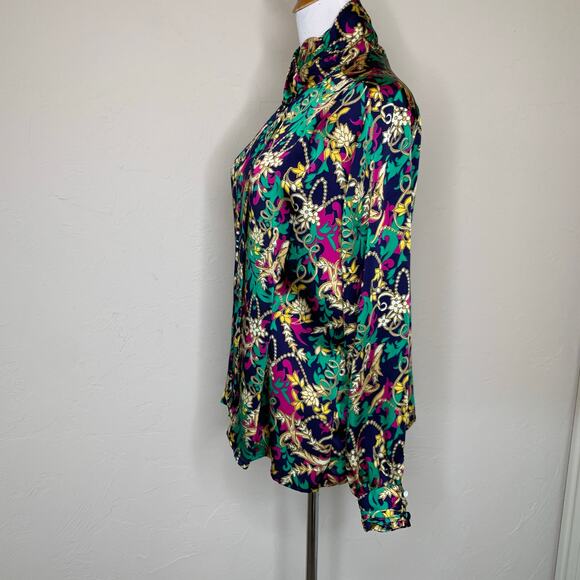 90s Rich Floral Regency Print Dark Blouse Sz 10 Christie & Jill - Picture 3 of 8